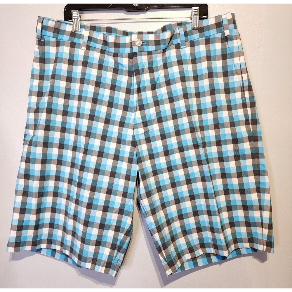 Slazenger MensSize 40 Golf Shorts Plaid Blue White Gray Black Logo Flat Front